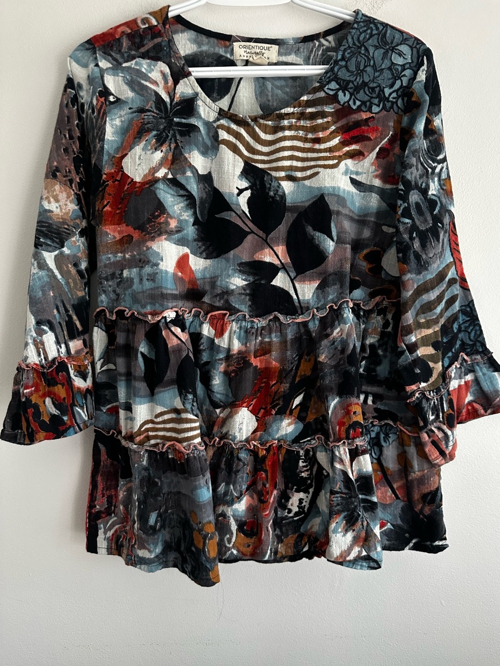 Orientique 100% Organic Cotton Multicolor Floral Ruffle Tunic Blouse Size Medium